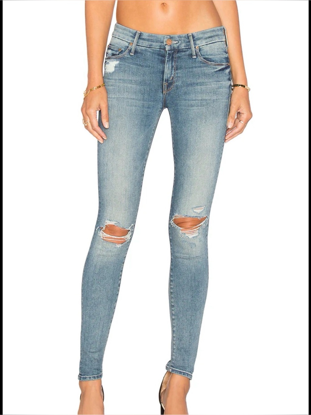 MOTHER Women's Skinny Jeans - Light Blue Distressed - the looker